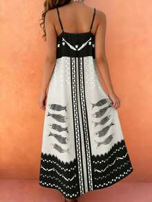 海星闪耀春夏新款时尚休闲优雅波西米亚风无袖长裙，无领缎面长裙，常规女装度假派对服饰 - 黑色 - 查看 5