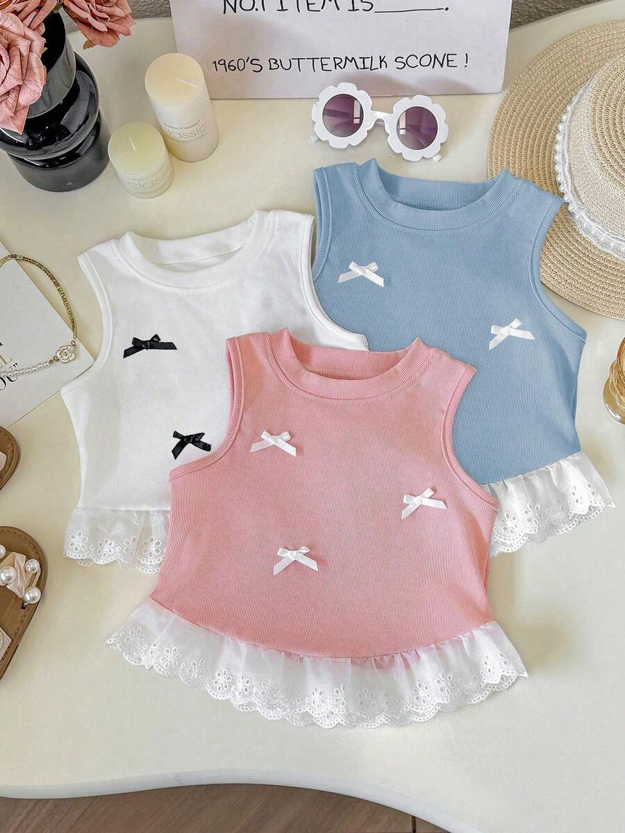 3pcs/Set Young Girl Fashion Lace Trim Sleeveless Ribbed Tank Top, Casual Bowknot Top, Versatile Outdoor Spring/Summer - Multicolor - View 1