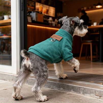 1 Piece Teal/Yellow-Green/Red/Grey Pet Fleece Sweater, Casual Style Soft Fleece Fabric Full-Sleeve Pullover Shape With Leather Label & Built-In Leash Ring Detail, Warm Cozy Leash-Compatible Pet Winter Clothing For Daily Walks, Indoor Wear & Autumn Winter