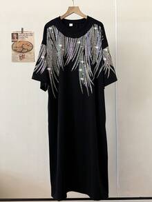 Shiny Black Plus Size Women's Midi Dress - Geometric Rhinestone Pattern Short Sleeve Loose Fit With Pockets Casual Summer Party Wear Fashionable Relaxed Style Polyester Fabric Plus Size Dress - 黑色 - 查看 13