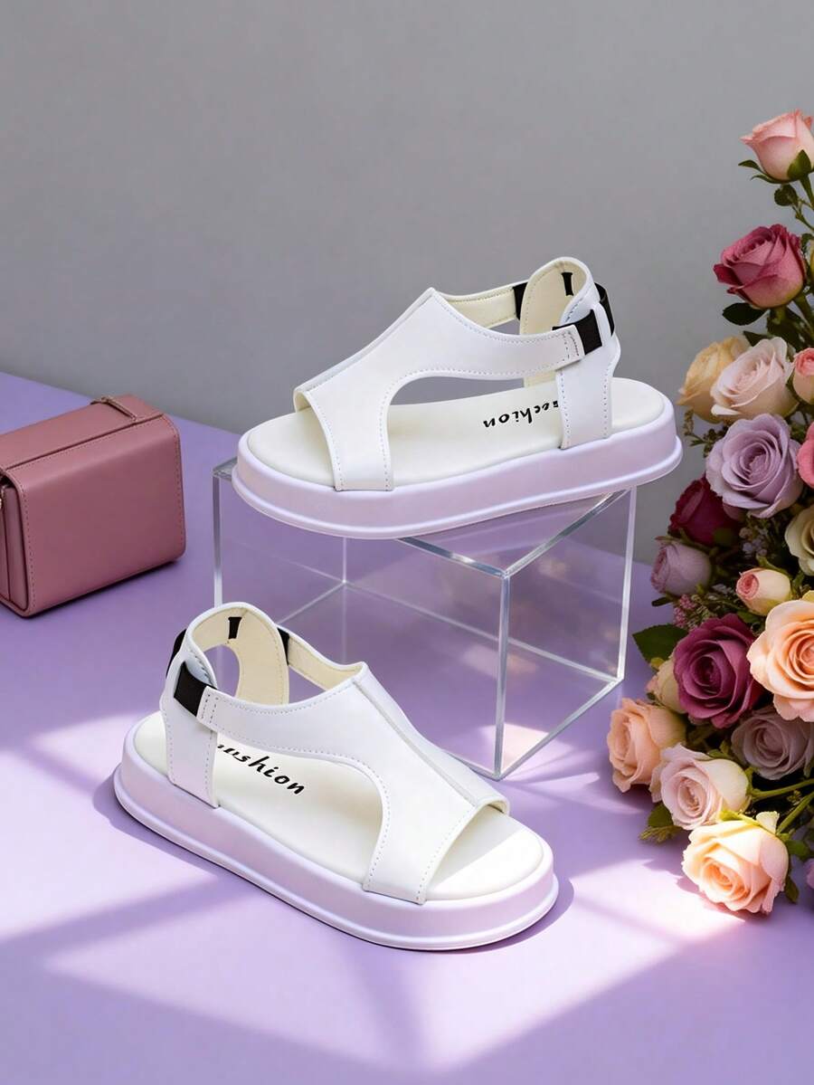 2026 Spring/Summer Minimalist Design Girls' 3-12 Years Old Toddler Soft Bottom Shoes, Pure White Geometric Hollow Structure, Lightweight & Durable EVA Material, Non-Slip, Breathable, Shock-Absorbing 3cm Shallow Wedge Heel, Fresh Minimalist Urban Commute Style Girls' Hollow Sandals, Girls' Casual Flat Shoes For Daily Commuting, Shopping, Outings And Multi-Scenario Wear! - White - View 1
