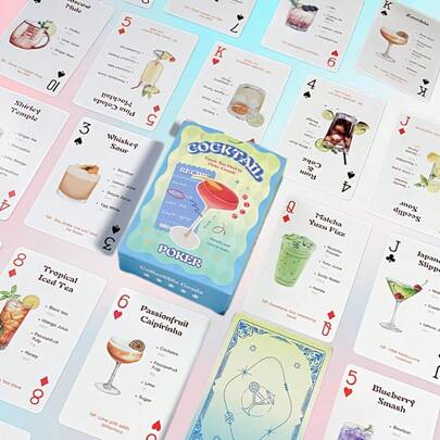 54pcs Cocktail Recipe Playing Cards With Acrylic Storage Box, Handdrawn Macaron Color Style With Cocktail Patterns & Vintage Borders, Suitable For Home, Bar, Game Night Parties, Gatherings, Cocktail Knowledge Popularization, Also As Collection Or Creative Gift