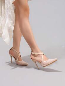 Giày cao gót phối ren thời trang, giày bít mũi nhọn gợi cảm cho các bữa tiệc tối, gót siêu cao, đế khoét rỗng dành cho nữ. - Màu be - Xem 8