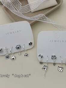 Juego de aretes de gato de dibujos animados lindos, aretes de botón pequeños de gato, aretes versátiles de perro para estudiantes - Plateado - Ver 6