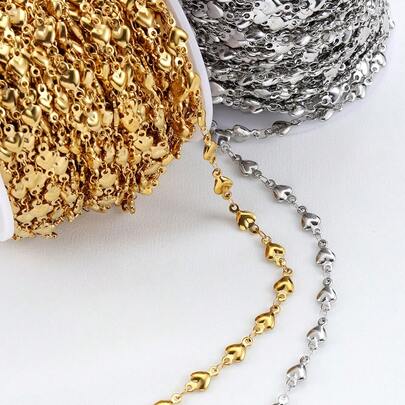 1m Fashionable Stainless Steel Heart-Shaped Chain, Gold Heart Necklace Chain For DIY Jewelry Making, Women Necklace & Bracelet Accessories