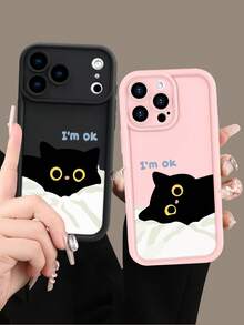 1pc Couple Matching Fashionable Personalized Creative Cute Black Cat Patchwork Slogan Pattern Luxury Shock-Proof High-Quality Soft Silicone Phone Case, Macaron Color Protective Cover, Compatible With IPhone 17/16/16Pro/16 Plus/16Pro Max, 15, 14, 13, 12, 11 Plus/Pro Max Full Series, Easter/Valentine's Day/New Year Decorative Gift, Birthday Gift Idea For Girlfriend/Boyfriend/Friends/Yourself - Pink - View 1