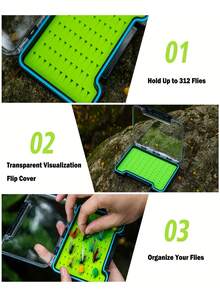 GOTURE 1 pieza Caja impermeable para pesca con mosca Caja de señuelos de pesca con inserto de silicona Estuche de almacenamiento de señuelos y cebos que puede contener hasta 312 moscas para agua dulce y salada - Verde - Ver 3