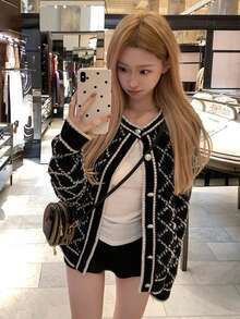 假日时尚奢华风格金色纽扣针织开衫高端夹克，秋季上衣 - 黑色 - 查看 2