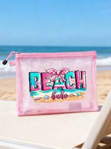 时尚网眼化妆包，印有“沙滩”图案和粉色蝴蝶结，大容量网眼化妆包，便携透气洗漱包，旅行化妆包，化妆品收纳包，日常必需品收纳包，化妆包，护肤包，洗漱包，旅行必备，邮轮必备，宿舍必备，伴娘礼物，母亲节礼物，生日礼物，送给朋友和老师的礼物，家居装饰 - 彩色 - 查看 3
