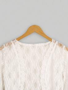 Yukiwi Damen modische elegante Spitze transparente 3/4 Ärmel glänzende kurze Strickjacke Frühling Weiß - Weiss - Übersicht 4