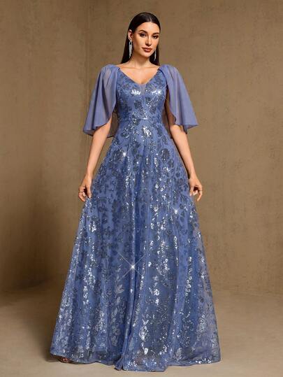 春季无袖V领花卉亮片A字优雅长裙，适合晚宴、婚礼、毕业典礼、正式晚宴等场合。