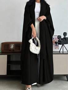 Women's Elegant Long Sleeve Drop Shoulder Kaftan Jalabiya Robe, Made Of Non-Stretch Woven Fabric, Without Scarf - Black - View 2