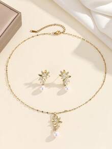 1 Set Stainless Steel Zirconia Leaf & Faux Pearl Pendant Necklace & Earrings Jewelry Set, Versatile Luxury Personalized Necklace Earrings Jewelry, Suitable For Daily Life/Party/Holiday/Birthday/Ramadan/Back To School, Great Gift Choice - Leaf and Pearl Design - One Size - View 4