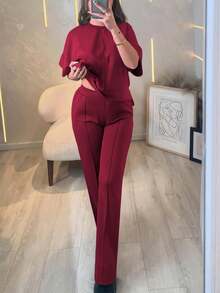 女士两件套，休闲舒适纯色短袖上衣，松紧腰带口袋裤，柔软涤纶氨纶面料，春夏款 - 酒紅色1 - 查看 2