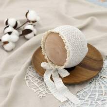 Mũ len dệt kiểu waffle màu trơn dễ thương cho bé sơ sinh, có bèo nhún và dây buộc, phụ kiện chụp ảnh. - Nhiều màu - Xem 11