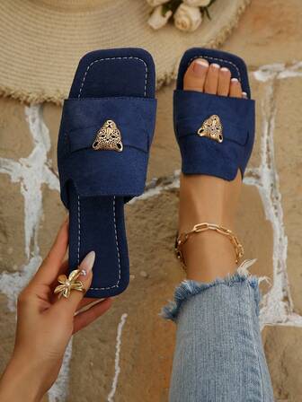 Women's Blue Square Toe Flat Slide Sandals With Metal Buckle, Suede Strap Slip-On Beach Shoes, Elegant Casual Versatile Flat Slippers For Summer