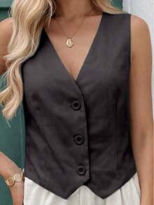 MICHELEE Elegant Women's Vest With V-Neck And Button Closure - Black - View 2