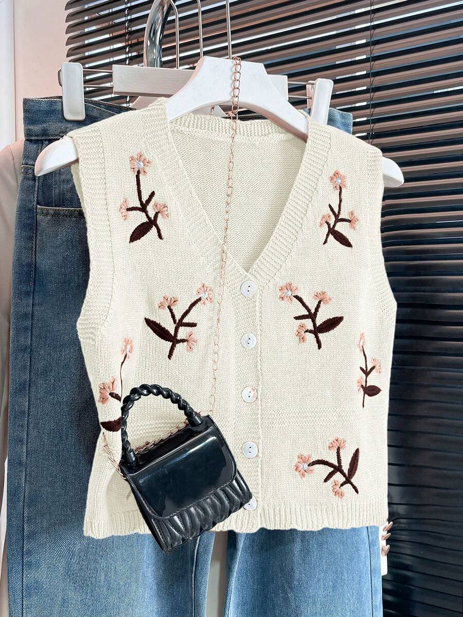 V-Neck Contrast Color Floral Embroidery Single-Breasted Casual Knit Vest, Spring/Summer White - White - View 1