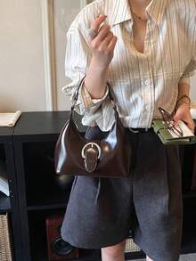 复古简约法式新月形腋下包，时尚优雅百搭单肩/斜挎法棍包，女士 - 咖啡 - 查看 4