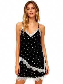 Women Summer Outfit Dot Print Lace Trim Spaghetti Strap Asymmetrical Tops And Shorts 2 Piece Casual Set - màu đen - Xem 5