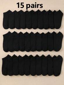 15双黑白儿童休闲船袜，适合男孩女孩日常运动穿着 - 黑色 - 查看 5
