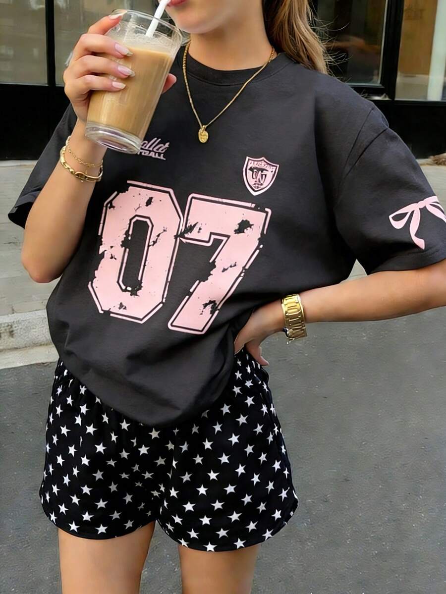 1pc Tween Girls' 07 Graphic Print Short Sleeve T-Shirt, Comfortable & Fashionable Summer Top For Young Students - Dark Grey - View 1