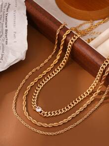 3pcs/Set Twisted Rope Chain Micro-Inlaid Copper Zirconia Multi-Layer Necklace Set, Niche High-End Necklace, Sweater Chain - Yellow Gold - View 3