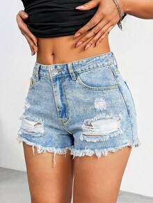 Women's Casual Ripped Denim Shorts Non-Stretch Frayed Hem Light Wash - Blue - View 4