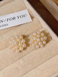 6 Pairs Luxury Fashion Elegant Niche Versatile Asymmetrical Geometric Round Faux Pearl Cat Eye Stone Earrings Set, Suitable For Women's Daily And Festival Wear - Gold - View 11