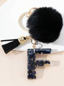 A Night Sky Star Moon English Initial Resin Keychain, Black Hairball Heart Door Buckle Hanging Decoration Tassel Decoration Design, Suitable For Bag Chains, Mobile Phone Hanging Chains, Keychains, And Gifts For Friends And Mothers - Black - View 23