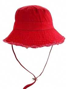 1pc Women's Drawstring Brim Bucket Hat, Outdoor Bucket Hat With Adjustable Chin Rope Frayed Design Bucket Hat ,Soft Fabric, Windproof, Fashionable, Suitable Travel Beach Seaside Leisure Vacation Daily Use - Multicolor - View 14