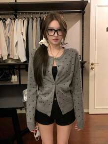 Women's Long Sleeve Polka Dot Contrast Color Cardigan Jacket, Suitable For Commuting Fall - Grey - View 9