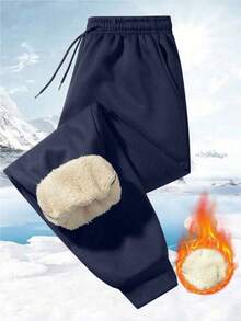 Pantalon de jogging pour femmes avec doublure thermique, pantalon de survêtement décontracté avec cordon de serrage pour temps froid, convient pour les collants d'automne/hiver - Bleu marine - Voir 2