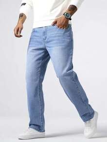 Men's Light Blue Casual Fashion Loose Jeans Classic All-Match Men's Pants - Rửa nhẹ - Xem 3