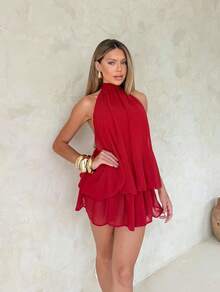 Valentine Outfits For Women Sweet Vacation Slim Sexy Backless Halter Waist-Cinching Top Puffy Short Skirt Dress For Women - 紅色 - 查看 11