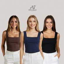 Set Of 3 Square Neck Tank Tops For Vacation, Beach, Night, School - 棕色/藍色/黑色 - 查看 1
