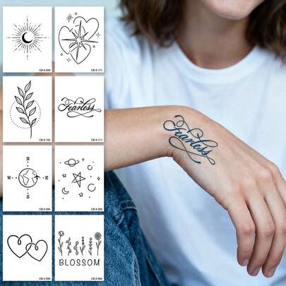 Herbal Juice Semi-Permanent Minimalist Tattoos - Minimalist Lines, Stars, Moons, Plants, Planets, Hearts - Men's Tattoos Designs. Valentine's Day, Carnival Gifts - Party Festival Gifts. 7-14 Days Colorfast, No Reflection. Shoulder, Neck, Arm, Waist, Abdomen, Collarbone, Body - Waterproof Tattoo Stickers. 1 Pack.