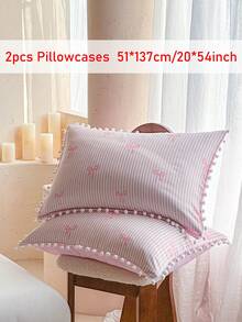1/2pcs Cute Bow Stripe Print Polyester Pillowcases With Pom Pom Fringe, Romantic Princess Style Pillow Shams, Pink Throw Pillow Cover For Sofa Couch Bed, Without Insert - Pink - View 21