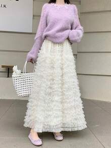 2-26 Women's Multilayer Tulle Mesh Skirt, High Waist Flared A-Line Skirt, Spring/Summer - Apricot - View 5