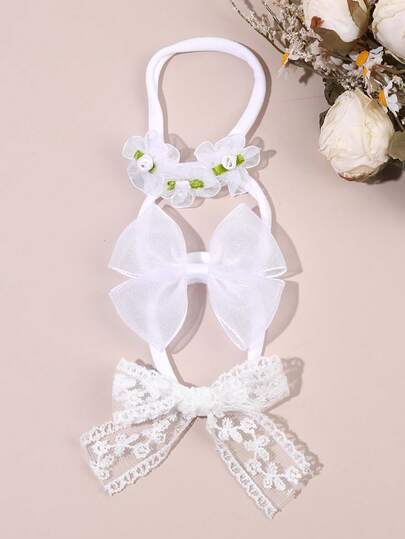 3pcs Flower Mesh Lace Bow Headbands For Baby Purple Pink White Bow Hairbands For Toddler Infant Newborn Elastic Nylon Hair Bands With Embroidery Flowers Cute Mesh Bow Hair Bands Baby Daily Headpiece Baby Hair Accessories