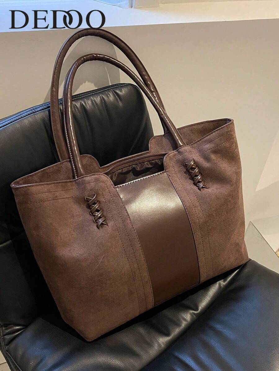 Faux Leather Minimalist Large Capacity Stitch Detail Faux Suede Shoulder Tote Bag, Suede Bag Purse, Newest Fashionable Suede Bag For Women, Perfectly Matching With Fall Outfits Womenfall Clothes For Women - 咖啡棕 - 查看 1