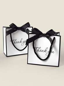 10pcs/5pcs/1pc Creative Black & White Thank You Gift Bags, Classic Color Scheme, Romantic Black Satin Ribbon Bow, Elegant "Thank You" Graphic Print, Suitable For Thanksgiving, Gifts, Birthdays, Weddings, Corporate Appreciation - White With Black Edges - View 7