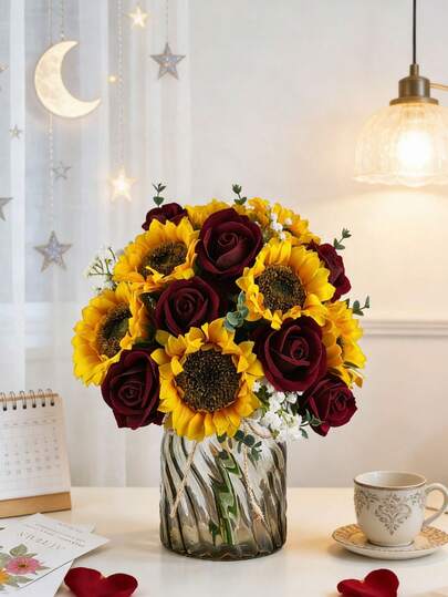 4PCS Artificial Bouquet, Mixed Bouquet Of Roses, Sunflowers, Starry Sky, And Eucalyptus Leaves, Suitable For Office Desktop Decoration, Vase Decoration, Home Decoration, Desktop Center Decoration, Engagement And Wedding Decoration, Living Room, Kitchen, Bedroom, Balcony, Courtyard, Garden Decoration, Wedding Decoration, Bridal Bouquet, Valentine's Day Gift