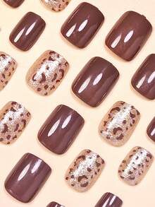 Upgrade Your Look With 24pcs Short Square Shape Press On False Nails Chic Chocolate Brown Fake Nails Luxury Silver Glitter Brown Leopard Print Soft Pink Fake Nails Full Coverage Fake Nail Kit For Women And Girls Includes 1sheet Adhesive Tabs & 1pc Mini Fils Strip Jelly Gel Random Shipment - Brown - View 4