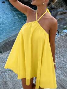 女士时尚优雅都市现代休闲沙滩度假风黄色吊带露背无袖宽松下摆迷你连衣裙，夏季连衣裙，女士派对连衣裙，女士沙滩装，女士休闲连衣裙，优雅派对连衣裙，女士度假装，女士休闲连衣裙 - 黃色 - 查看 6