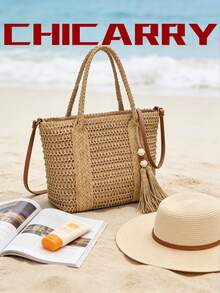 女士优雅时尚手提包，沙滩度假旅行斜挎包，带流苏串珠吊坠，沙滩包，派对手提包，适合大学生，时尚轻便草编包，适合购物、通勤、约会、旅行行李 - 卡其色 - 查看 3