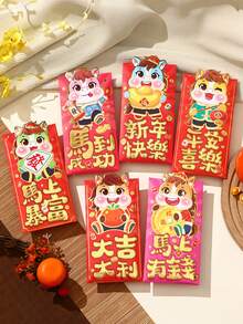 6pcs/Set Chinese New Year Red Envelopes, Cartoon Horse Pattern Self-Sealing Paper Pockets, Suitable For Lunar New Year, Year Of The Horse Red Packets, Lucky Cash Gifts
