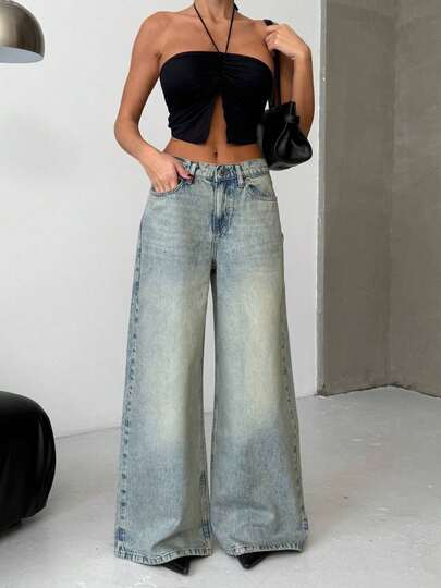 SQUALO Jeans stile di strada da donna, effetto lavato blu, strappato e consumato