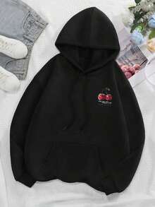Women's Casual Sweatshirt With Cherry Print And Dropped Shoulders - Cute Kawaii - 黑色 - 查看 3