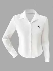 EARO Chic Women's White Embroidered Badge Shirt, Long Sleeve Collared Blouse For Spring Commute, Fitted Layering Top With Versatile Style - White - View 2